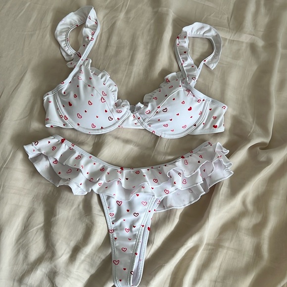 Boutine LA Other - Boutine LA, White W/ Red Hearts Ruffle Bikini Bra Top Only, Size Medium